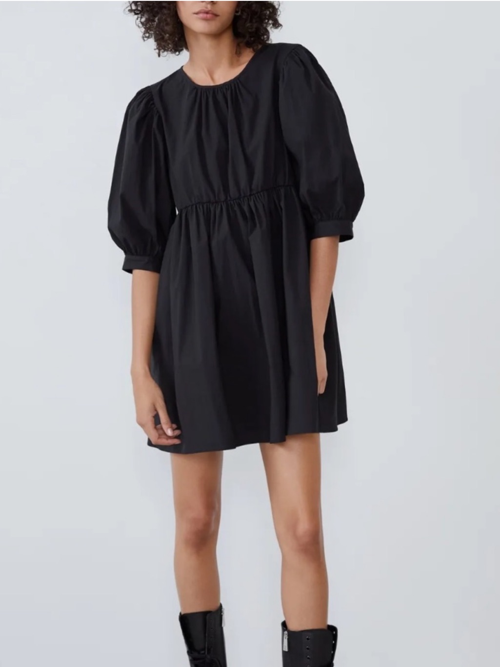 Zara Black Poplin Puff Sleeve Babydoll Mini Dress Size M
